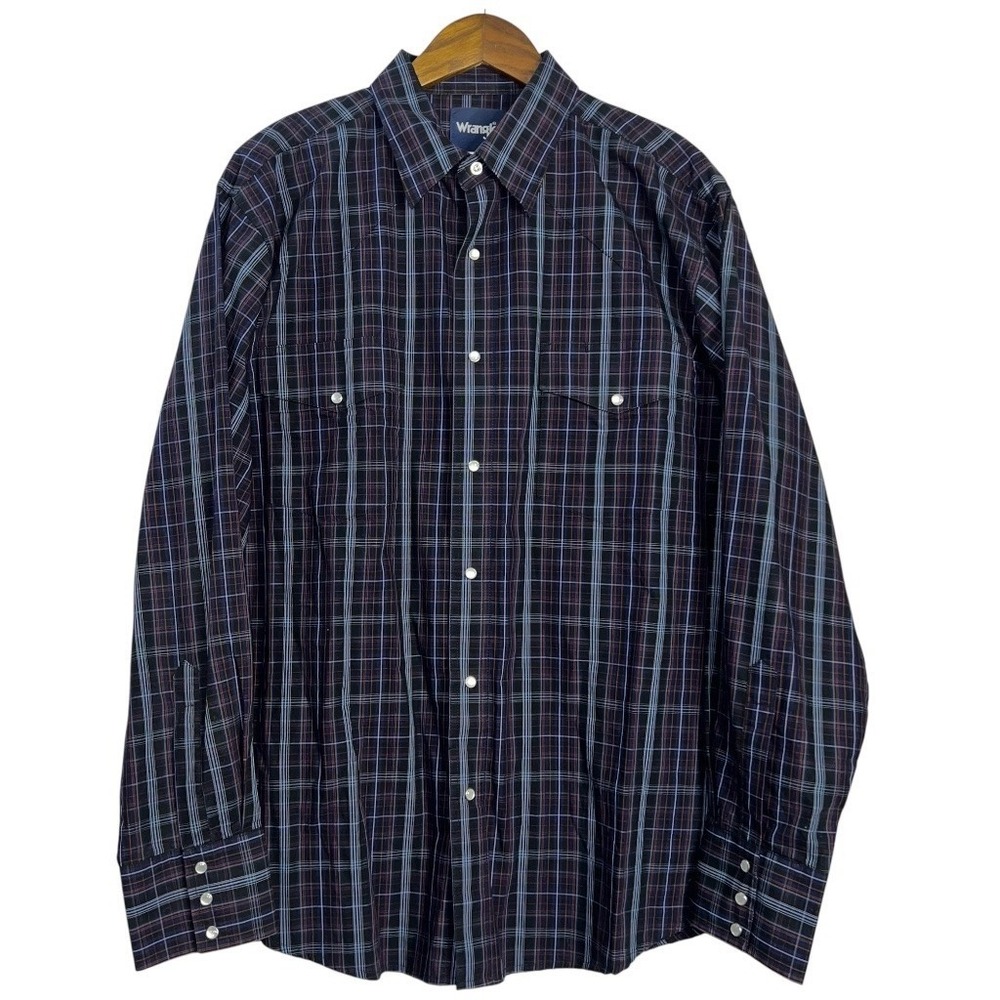 Wrangler Mens XL‎ Western Pearl Snap Plaid Shirt Navy Blue Burgundy Cowboy
